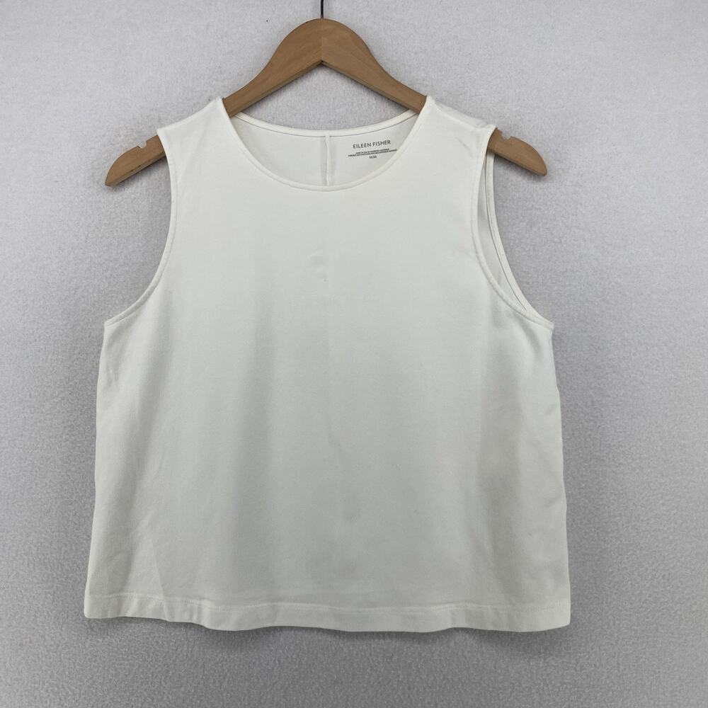 EILEEN FISHER Top M Sleeveless Stretch Organic Cotton Jersey Crew Neck White USA